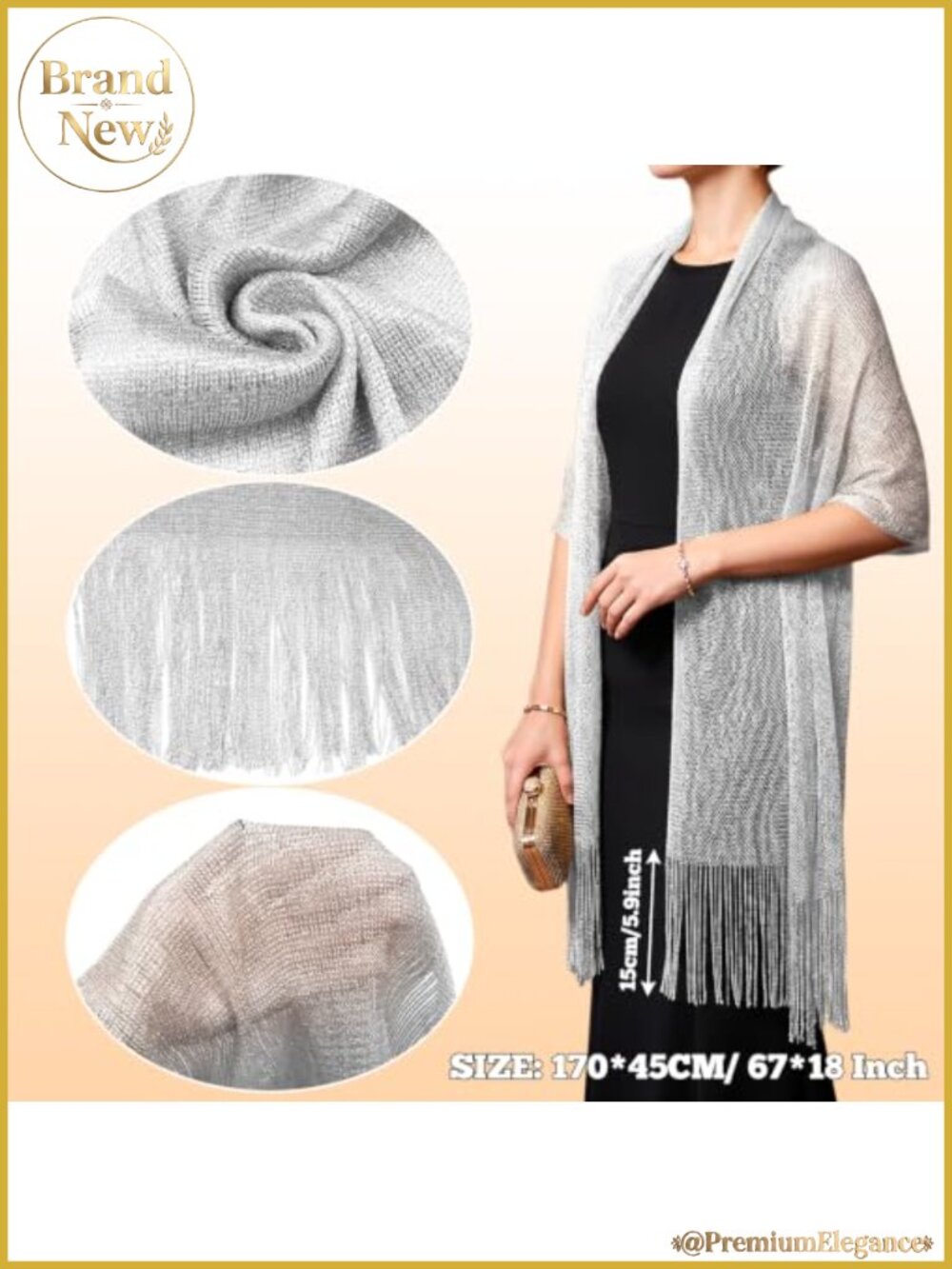 Metallic Sparkling Shawl Wrap Evening Wedding Tassel Scarf - Picture 2 of 6